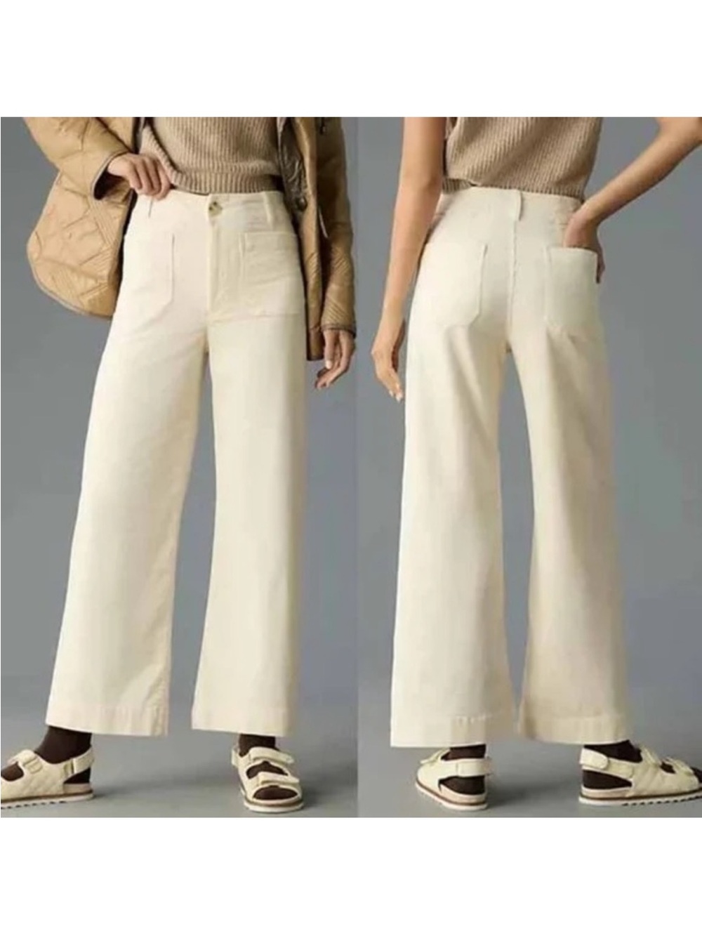 Anthropologie Maeve Women's Colette Wide Leg Pants Crop Ivory Cream 28